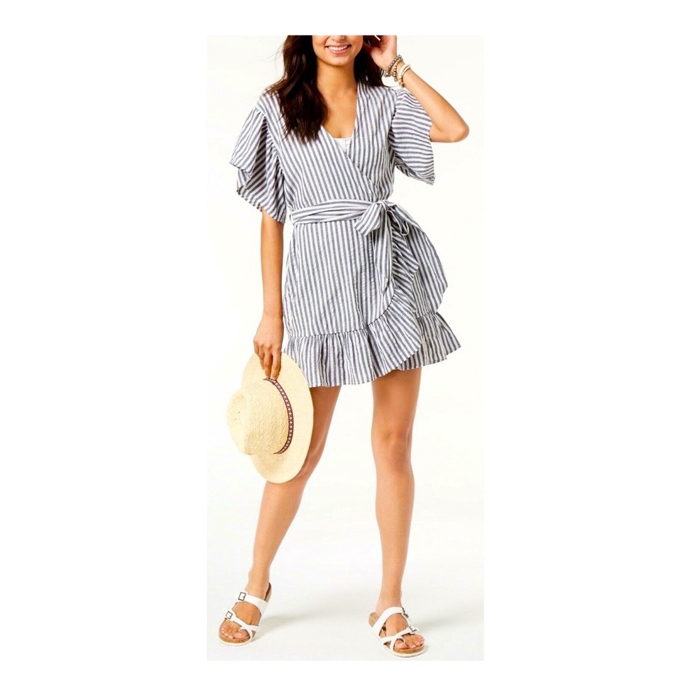 Miken Blue and White Striped Wrap Swim Cover-up